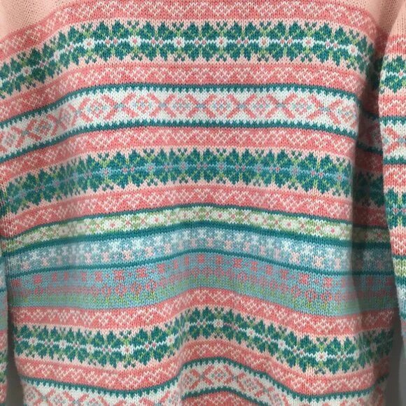 Vintage Womens 1990s Fair Isles Nordic Christmas Sweater Pink Green Cotton Soft - Picture 3 of 11